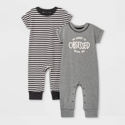 Image of Baby Boys' 2pk Adaptive 'Obsessed' Long Sleeve Romper - Cat & Jack™ Gray 0-3M
