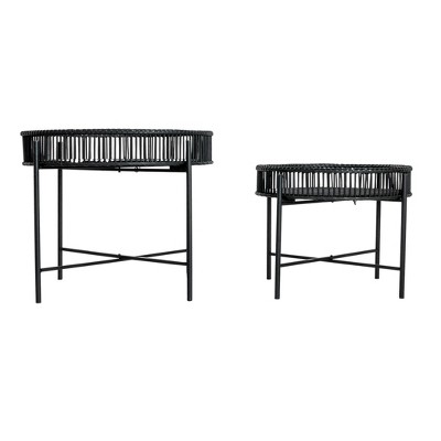Black Bamboo and Metal Round Tray Tables Set of 2