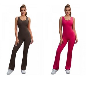 INSPIRE CHIC 2 Pcs Women's Hollow Back Flare Jumpsuits One Piece Long Workout Fitness Full Body Shaper - 1 of 4