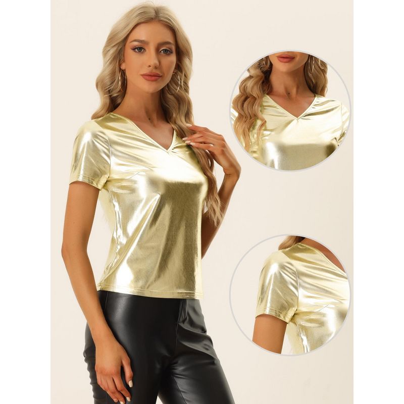 Allegra K Women's V Neck Short Sleeve Party Clubwear Shiny Metallic Blouses, 2 of 7
