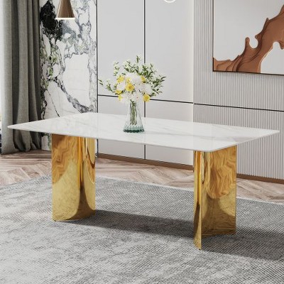 CENGHU Modern Minimalist Rectangular Dining Table with Black or White Patterned Glass Desktop and Golden Metal Legs,  71" *39.3" *29.5"  Kitchen Table