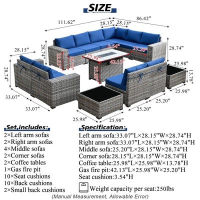 Marlton 13-Piece Gray Wicker Outdoor Sofa Set with Fire Pit