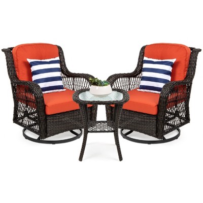 Best Choice Products 3-Piece Patio Wicker Bistro Furniture Set w/ 2 Cushioned Swivel Rocking Chairs, Side Table - Rust