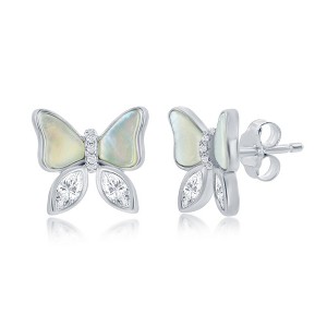 Bella Silver Sterling Silver MOP and CZ Butterfly Stud Earrings - White - 1 of 2