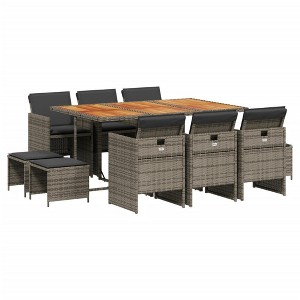 vidaXL - 11 Piece Patio Dining Set with Cushions - Gray Poly Rattan - Table & Chairs - Outdoor/Garden Furniture - 1 of 4