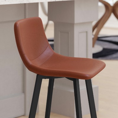 Cognac Faux Leather and Matte Black Metal Counter Stools, Set of 2