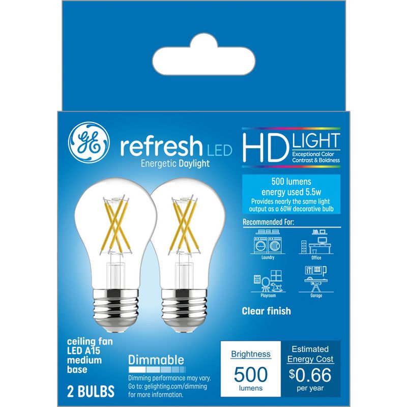 GE 60W 2pk Equivalent Refresh LED HD Ceiling Fan Light Bulbs Daylight, 1 of 8
