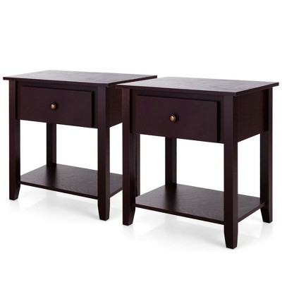 Costway 2PCS Nightstand Sofa End Side Table W/ Storage Drawer Bottom Shelf Espresso