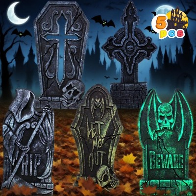 Joyfy 5pcs 17" Halloween Foam RIP Graveyard Tombstones Decorations, Headstones Graveyard Cemetery Gravestones Prop with 12 Stakes, Yard Lawn Garden