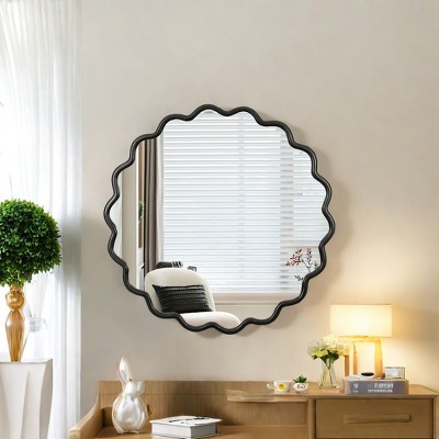 Modern Solid Wood Wavy Mirror, Natural Wood Vanity Mirror Wall Decor, for Bathroom, Bedroom, Living Room, Cloakroom, Entryway