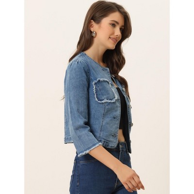 Allegra K Women's Cropped Denim Jacket 3/4 Sleeves Frayed Casual Collarless Jean Jackets Blue X-Small — фото 4