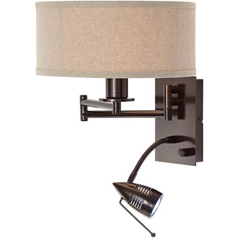 possini euro oatmeal bedside fixture drum shade plug bronze lamp reading led fabric bedroom light swing arm modern target