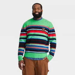 Houston White Adult Plus Size Crewneck Pullover Sweater - Green Striped 5XL