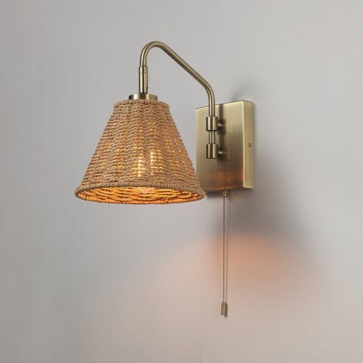 Globe Electric 1-Light Matte Brass Wall Sconce with Rattan Shade and On/Off Pull Chain Switch by Novogratz x Globe: ETL Listed, Iron Body, Cone Shape