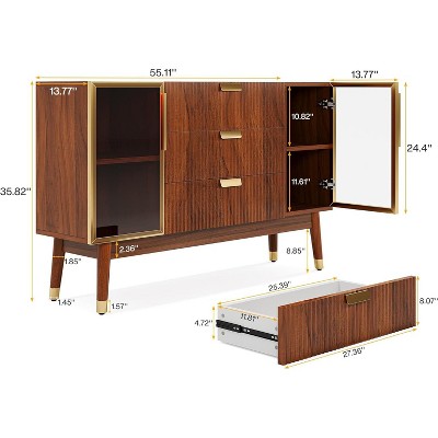 55" Brown Walnut Sideboard Buffet with Gold Metal Handles