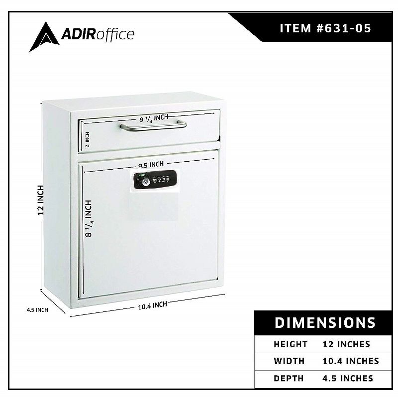 AdirOffice Medium Wall Mounted Mailbox Drop Box  White (631-05-WHI-KC), 4 of 10