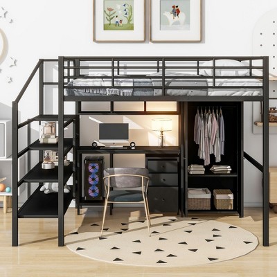 NicBex Twin Size Loft Bed Metal Bed Frame with Iron Mesh, Storage Stairs and Full Length Guardrail, Space Saving, No Box Spring Required
