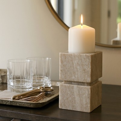 Modern Marble Candle Holder for Pillar & Taper Candles - Stone Square Design - Glam Accent for Home, Office, Bedroom & Living Room