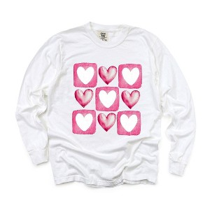 Simply Sage Market Women's Pink Heart Grid Long Sleeve Garment Dyed Tee - 1 of 3