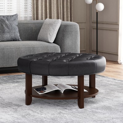 CAVINAS Modern Round PU Leather Ottoman Bench with Storage Shelf,Upholstered Wooden Storage Ottoman for Living Room