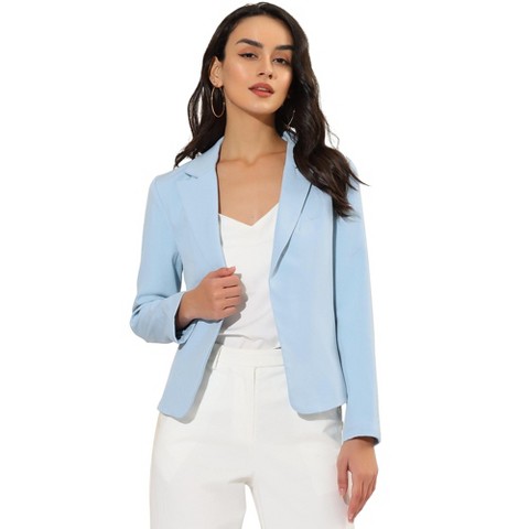 INSPIRE CHIC Women's Open Front Office Long Sleeve Lightweight Printed Floral Cropped Suit Blazer Small Sky Blue-Solid