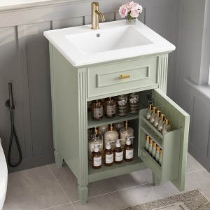 20" Bathroom Vanity with Sink, Freestanding White Cabinet with Ceramic Basin, Tilt-Out Drawer, Adjustable Shelf, Solid Wood Legs - 1 of 4