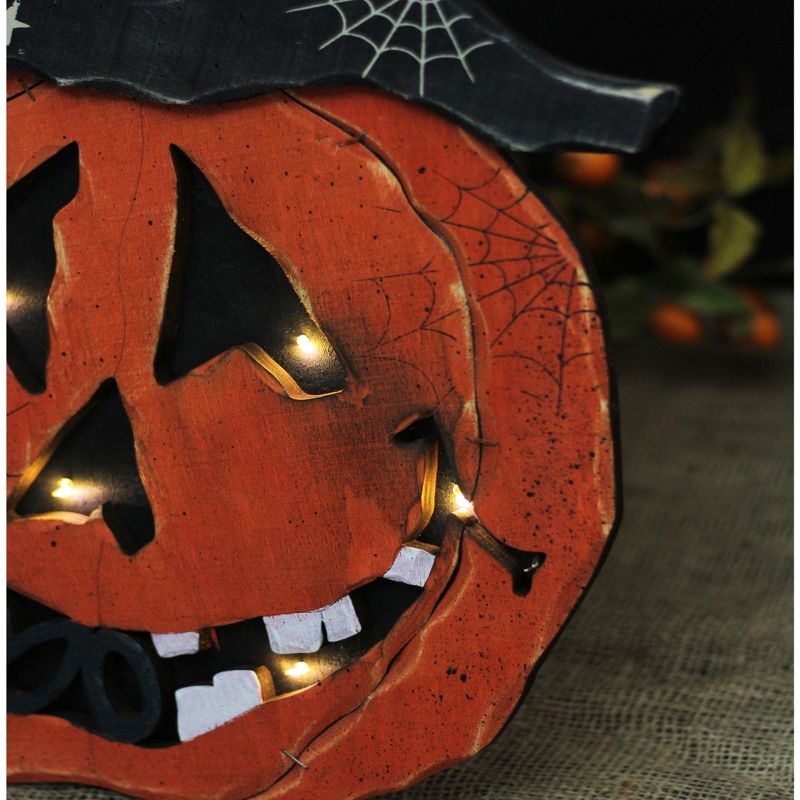 Northlight 13" Prelit LED Battery Operated Pumpkin Standing Wood Halloween Decoration - Black/Orange, 4 of 6