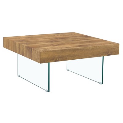 FURNIinspire Coffee Tables Natural Wood Colored Square MDF Coffee Table with Tempered Glass Legs for Living Room Office, Brown, 31.5"*31.5"*15"