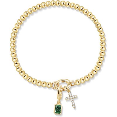 Free bird Cross Birthstone Bracelet | Dainty 14K Gold Plated Cross Charm Bracelet | Stretchable Elastic Gold Beaded Bracelet