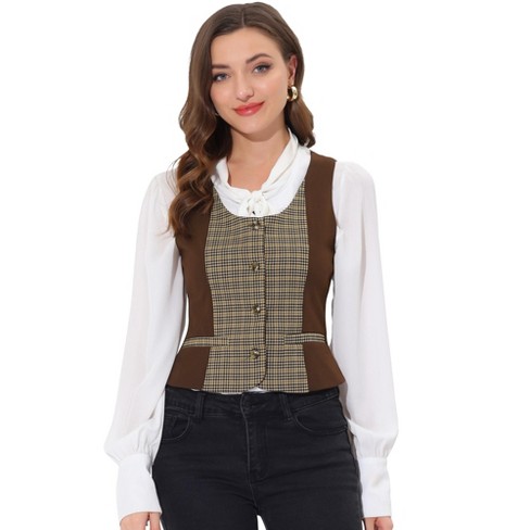 Allegra K Women's Vintage Plaid Button-Down Work Dressy Waistcoat Vests  Brown Medium