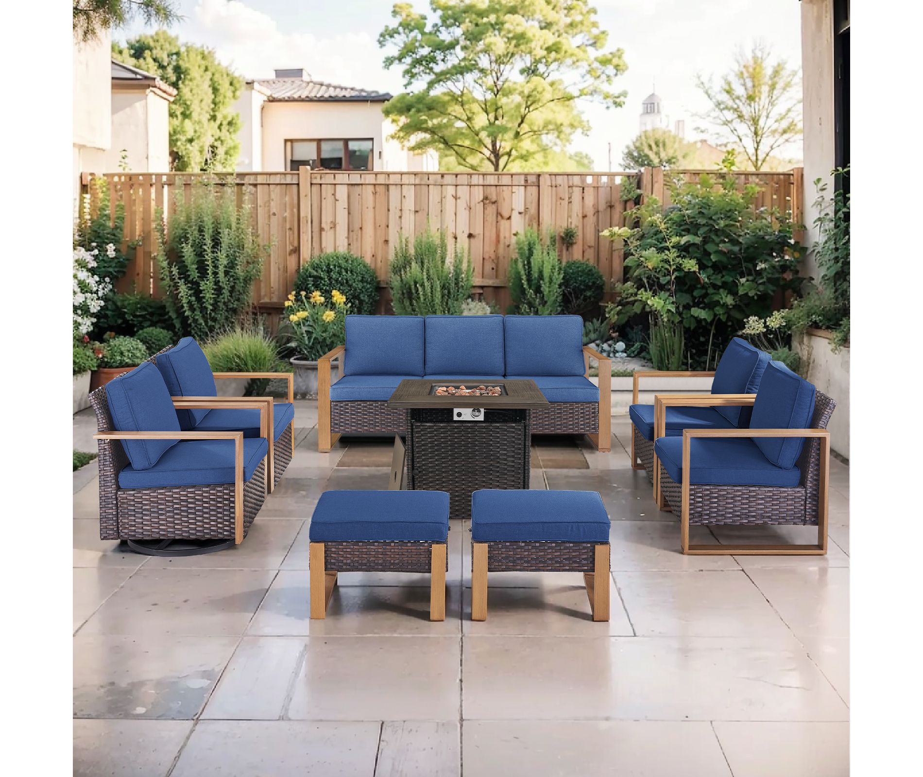 Gymojoy 6/8PCS 50000 BTU Gas Firepit Table with Outdoor 3-Seat Sofa Swivel Chair Ottoman Set