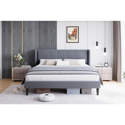 Upholstered Full Bed Frame with Wingback Headboard, Velvet Upholstery Platform Bed,No Box Spring Needed