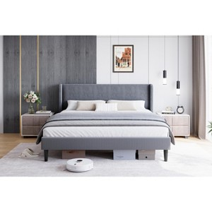 Upholstered Bed Frame with Wingback Headboard, Velvet Upholstery Platform Bed,No Box Spring Needed - 1 of 4