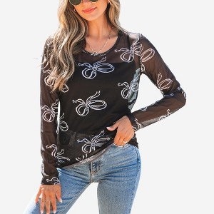 Amaryllis Women’s Sheer Mesh Long Sleeve Top with Allover Bow Print Lightweight Fitted Design Layering Piece - 1 of 4