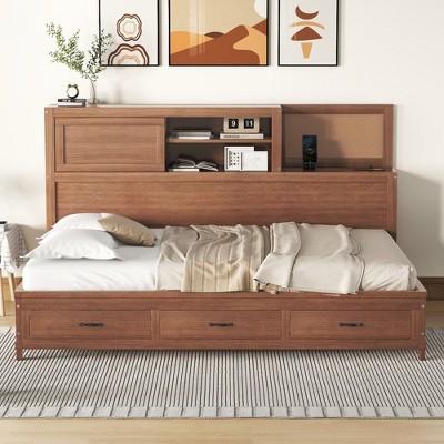NicBex Twin/Full Size Wooden Daybed with 3 Drawers,Upper Soft Board,Shelf and Charging Station for Bedroom,Living Room,Apartment