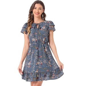 INSPIRE CHIC Women's Ruffle Sleeve Self-Tie V Neck Mini A-Line Floral Dress - 1 of 4