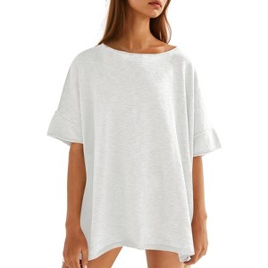 Imily Bela Womens Oversized Casual Summer Crew Neck Loose Dropped Short Sleeve Side Slit Hem Tunic Blouse Light - 1 of 4