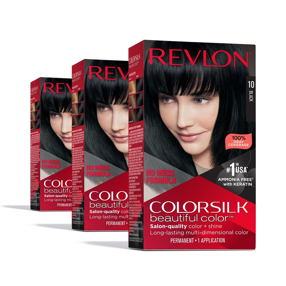 Photos - Hair Dye Revlon ColorSilk Beautiful Color 100 Gray Coverage Ammonia-Free Permanent Hair Color - 10 Black - 13.2 fl oz/3ct 