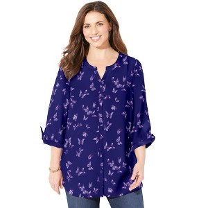 Catherines Women's Plus Size Georgette Buttonfront Tie Sleeve Cafe Blouse - 1 of 4