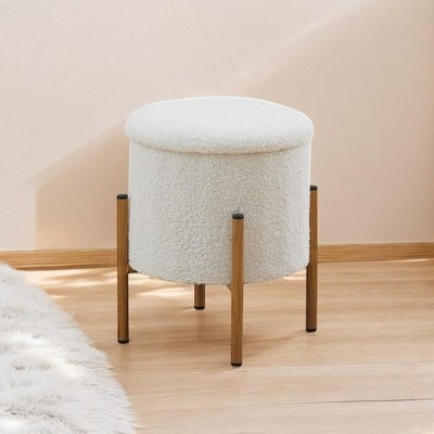 Alilang 13 inches Round Upholstered Stool with Texture Cover and Wooden Legs-White