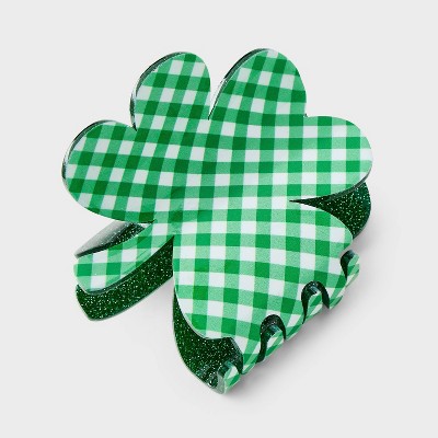 St. Patrick's Day Gingham Print Clover Claw Hair Clip - Green/White