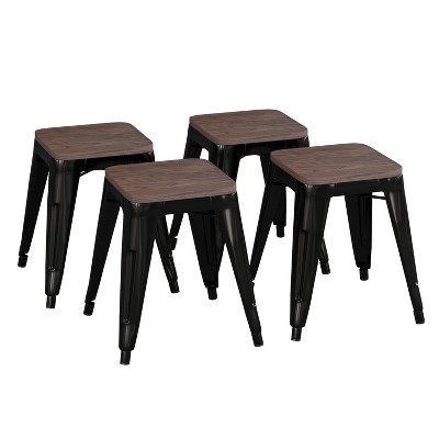 Emma and Oliver Set of Four Table Height Backless Stacking Welded Iron Stools with Wooden Seats and Under Seat Bracing for Indoor Use