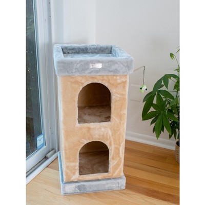 Beige Faux Fur and Sisal Freestanding Cat Tree with Double Condo