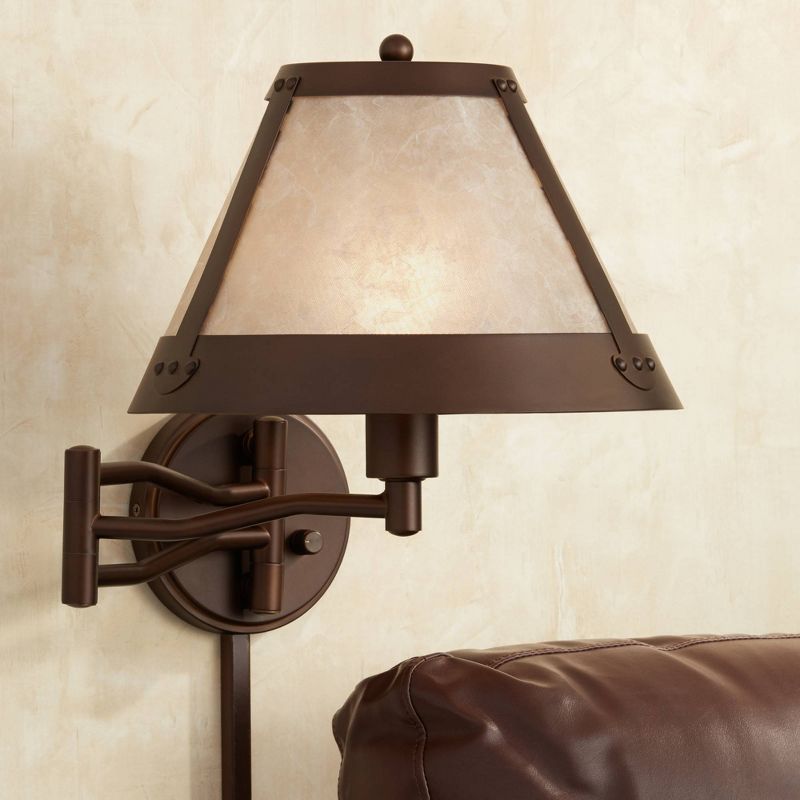 Franklin Iron Works Samuel Rustic Farmhouse Swing Arm Wall Lamp Bronze Plug-in Light Fixture Natural Mica Shade for Bedroom Bedside Living Room House, 2 of 8