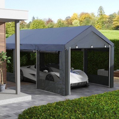 Gray 10' x 20' Portable Carport with Windows and Roll-Up Doors
