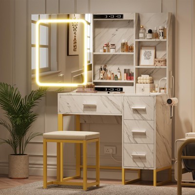 Vanity Desk with LED Sliding Mirror, Power Outlet, 4 Drawers, Shelves & Stool, Makeup Table Set for Bedroom