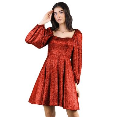 target red holiday dress Artyska Women's Glitter Puff Sleeves Square Neck Short Party XS : Beyond Pink