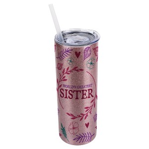 Elanze Designs Floral Bubblegum Pink 20 Ounce Double Wall Stainless Steel Glitter Travel Tumbler With Sliding Lid And Straw, World's Greatest Sister - 1 of 4