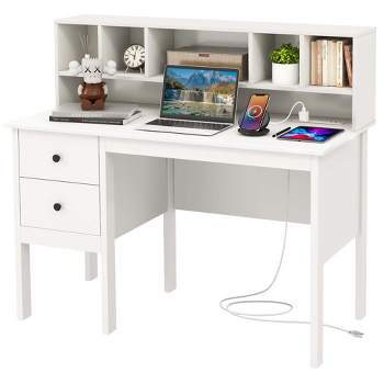 Costway 48" Computer Desk with Power Outlets Type-C 5-Cubby Hutch & 2 Storage Drawers Black/White