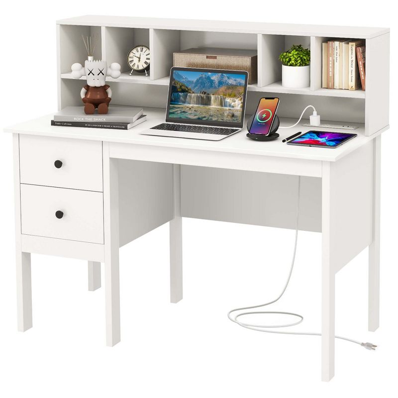 Costway 48" Computer Desk with Power Outlets Type-C 5-Cubby Hutch & 2 Storage Drawers Black/White, 1 of 11